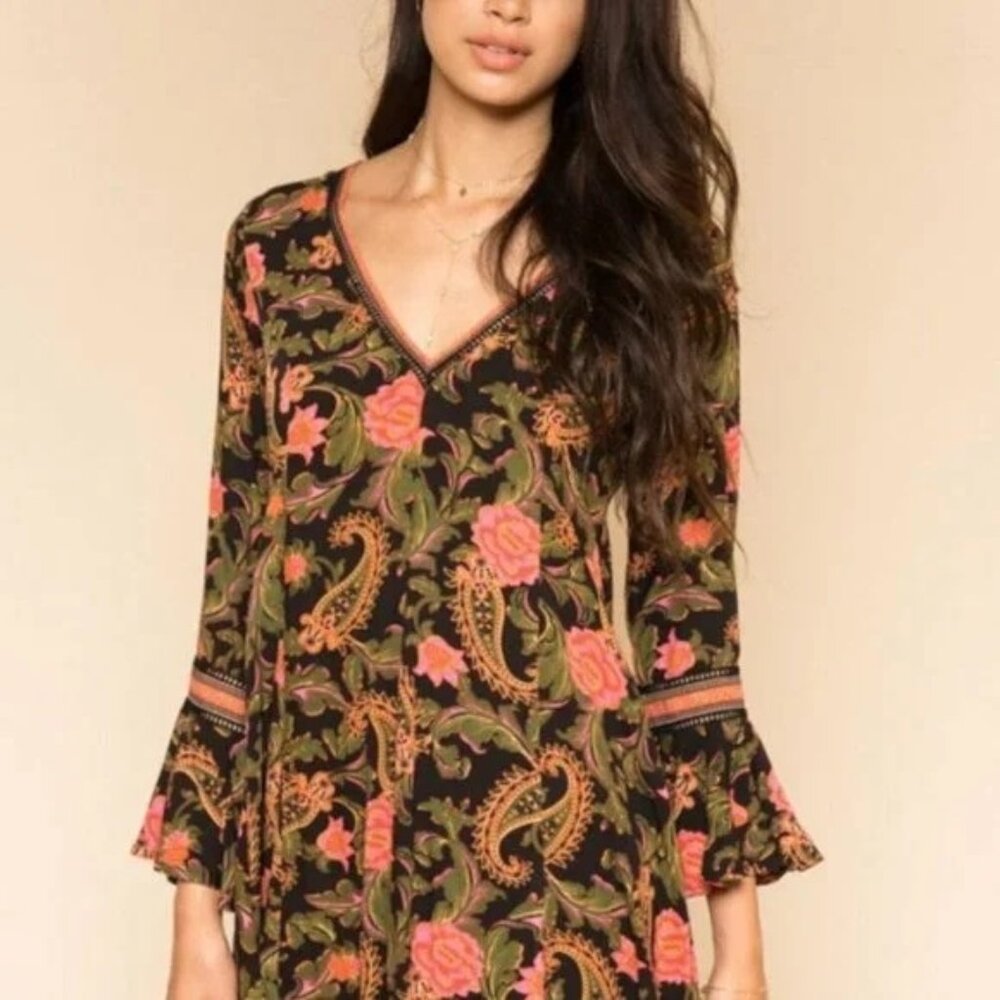 Spell Play Dress Women's XXS Etienne V-Neck Floral Paisley Boho Bell Sleeve